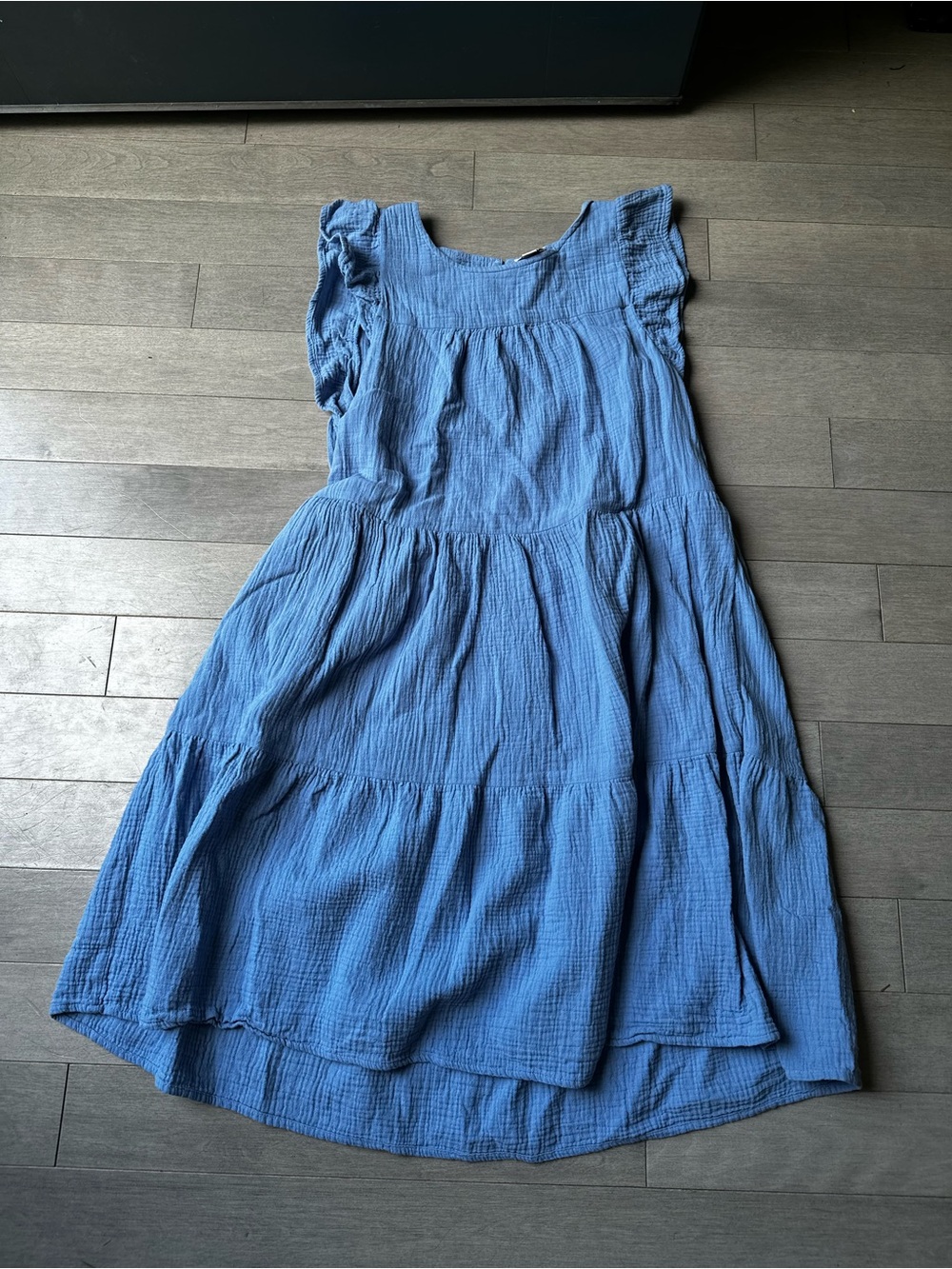 Womens J Crew Blue Tiered Ruffle Linen Blend Ruffled Sleeve Summer Office Dress